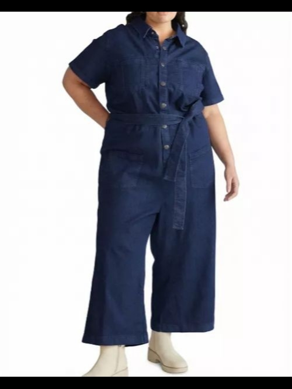 Universal Standard Kate Button-Front Denim Jumpsuit in Dark Indigo with Belt